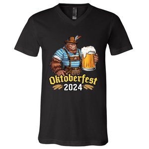 German Bigfoot Sasquatch Lederhose Funny Oktoberfest 2024 V-Neck T-Shirt