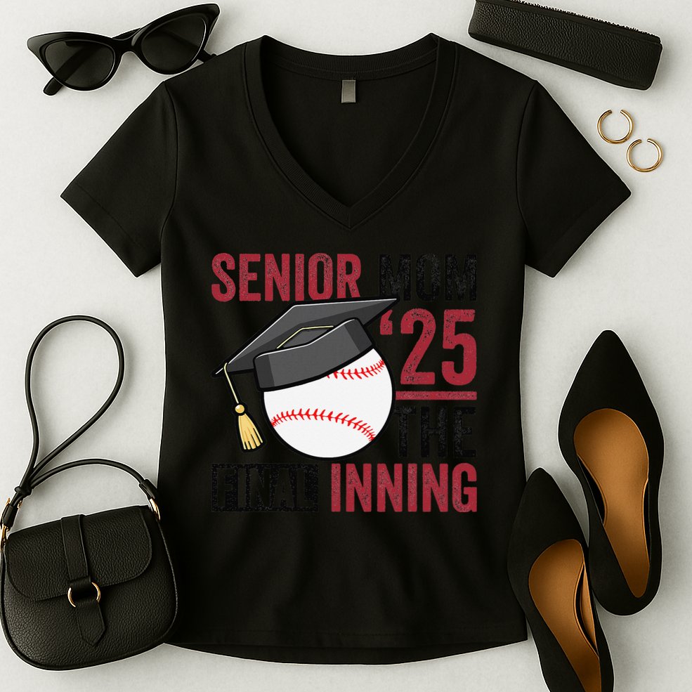 Graduation Baseball Senior Mom 2025 Graduate Final Inning Women's V-Neck T-Shirt
