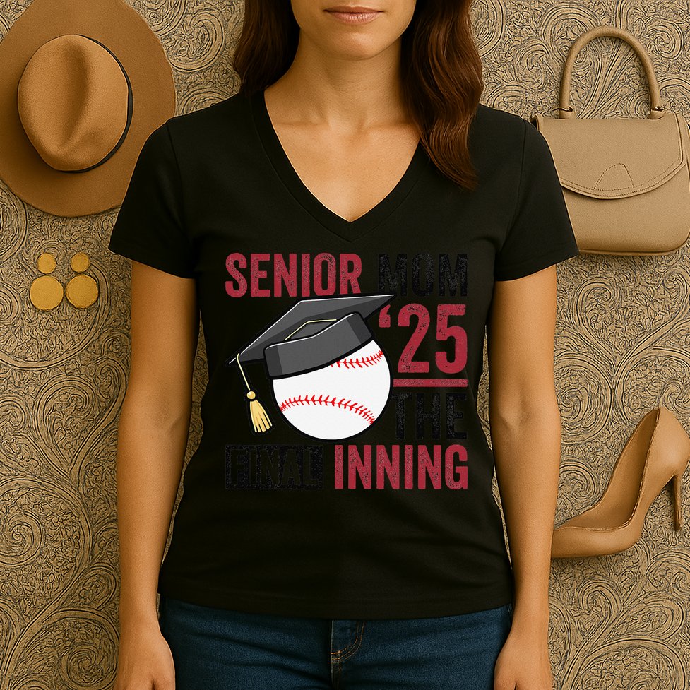 Graduation Baseball Senior Mom 2025 Graduate Final Inning Women's V-Neck T-Shirt