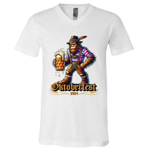 German Bigfoot Sasquatch Lederhose Funny Oktoberfest 2024 V-Neck T-Shirt