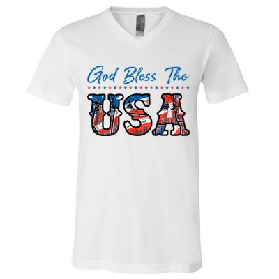 God Bless The USA Red White Blue Flag Patriotic 4th Of July  V-Neck T-Shirt