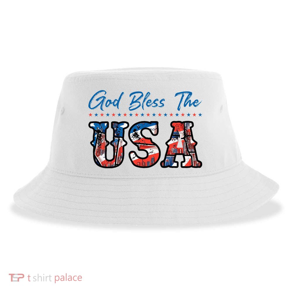 God Bless The USA Red White Blue Flag Patriotic 4th Of July  Sustainable Bucket Hat