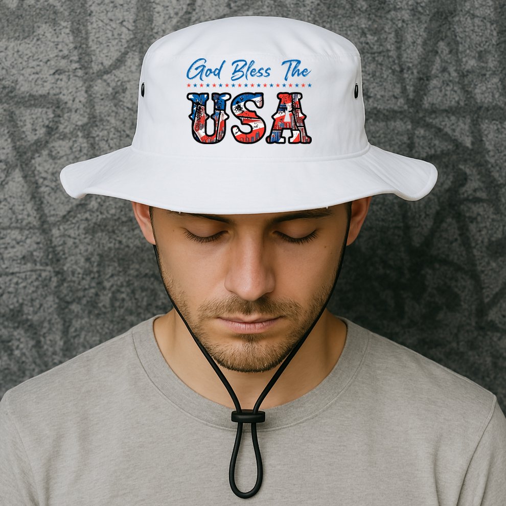 God Bless The USA Red White Blue Flag Patriotic 4th Of July  Bucket Hat