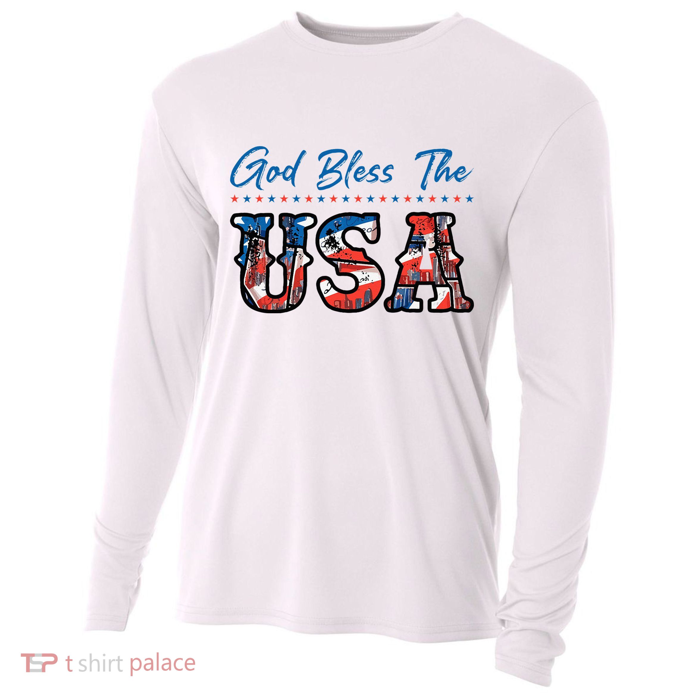 God Bless The USA Red White Blue Flag Patriotic 4th Of July  Cooling Performance Long Sleeve Crew