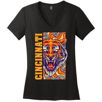 Growling Bengal Tiger Women's V-Neck T-Shirt