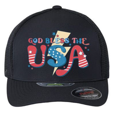 God Bless The USA American Flag Patriotic Retro 4th Of July Gift Flexfit Unipanel Trucker Cap