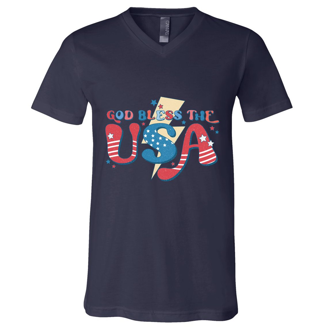 God Bless The USA American Flag Patriotic Retro 4th Of July Gift V-Neck T-Shirt