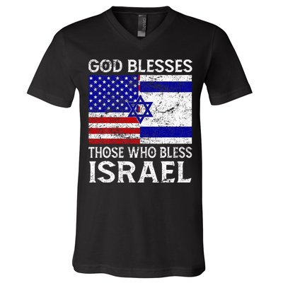 God Blesses Those Who Bless Israel Usa Flag Israeli Flag V-Neck T-Shirt