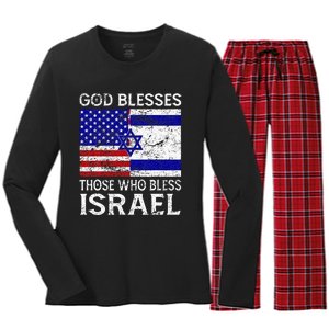 God Blesses Those Who Bless Israel Usa Flag Israeli Flag Women's Long Sleeve Flannel Pajama Set 