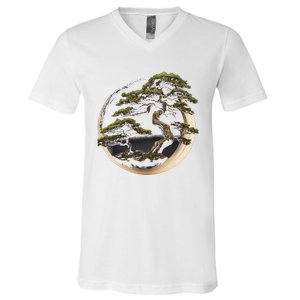 Graphic Bonsai Tree In Japanese Zen Buddhist Enso V-Neck T-Shirt