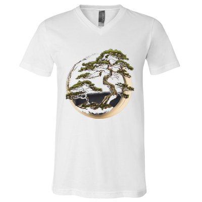 Graphic Bonsai Tree In Japanese Zen Buddhist Enso V-Neck T-Shirt