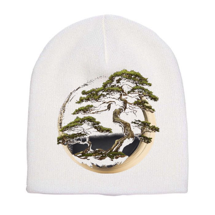 Graphic Bonsai Tree In Japanese Zen Buddhist Enso Short Acrylic Beanie