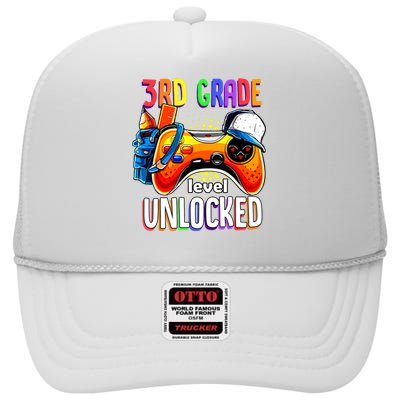 Gamer Back To School Gamepad 3rd Third Grade Level Unlocked High Crown Mesh Back Trucker Hat