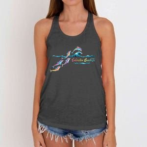 Galveston Beach Texas Colorful Dolphin Lover Beach Vacation Women's Knotted Racerback Tank