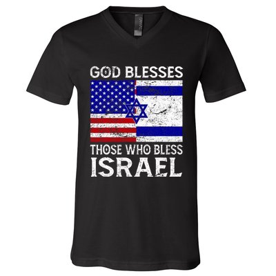 God Blesses Those Who Bless Israel Usa Flag Israeli Flag V-Neck T-Shirt