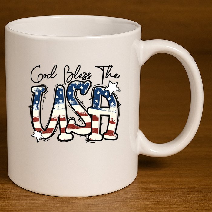 God Bless The USA American Flag Patriotic 4th Of July 11oz C Handle Ceramic Mug