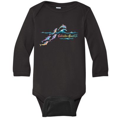 Galveston Beach Texas Colorful Dolphin Lover Beach Vacation Baby Long Sleeve Bodysuit