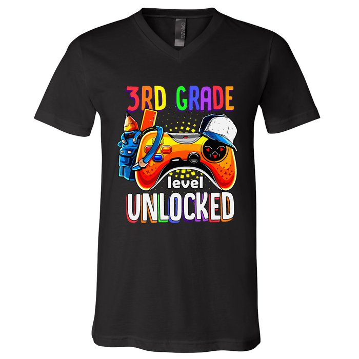 Gamer Back To School Gamepad 3rd Third Grade Level Unlocked V-Neck T-Shirt