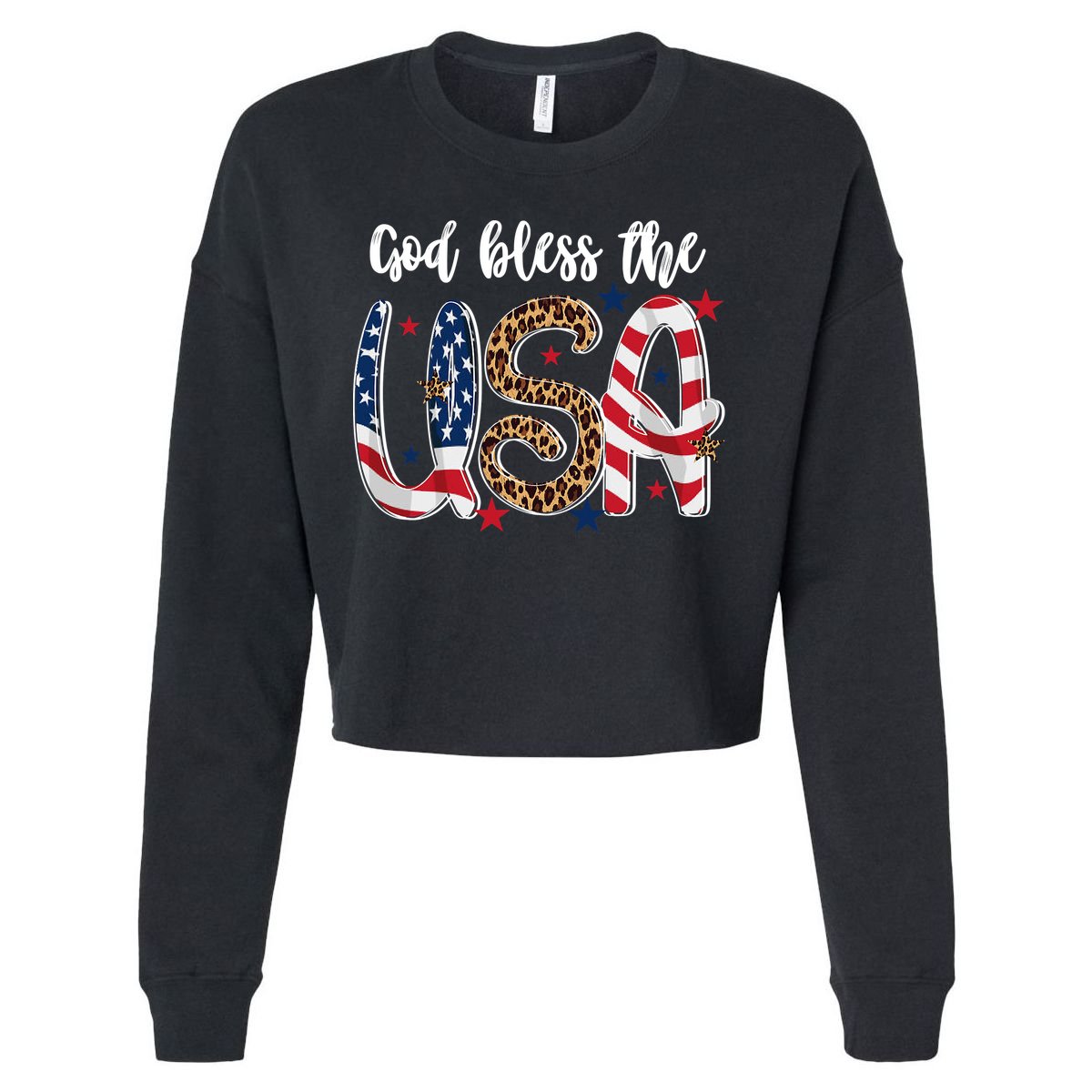 God Bless The USA American Flag Patriotic Cropped Pullover Crew