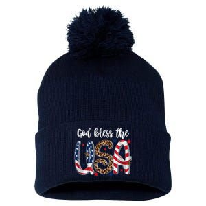 God Bless The USA American Flag Patriotic Pom Pom 12in Knit Beanie