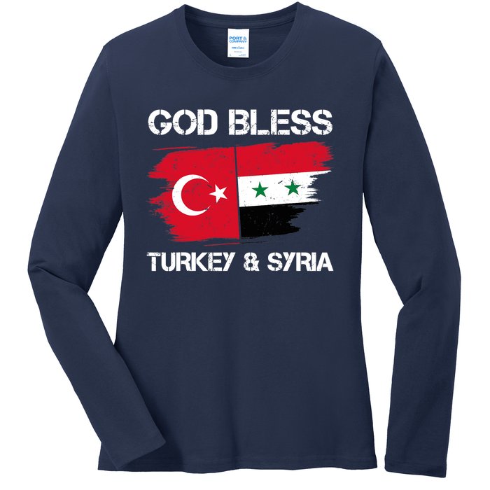 God Bless Turkey & Syria Flag Pray For Turkey Earthquake Ladies Long Sleeve Shirt