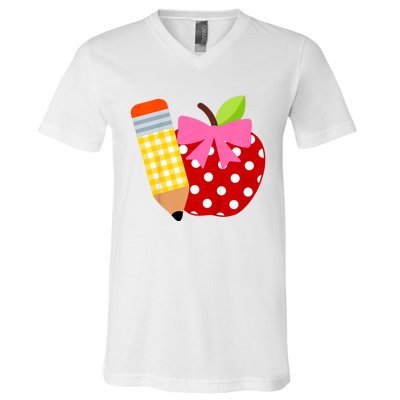 Girls Back To School Apple First Day Of Preschool V-Neck T-Shirt