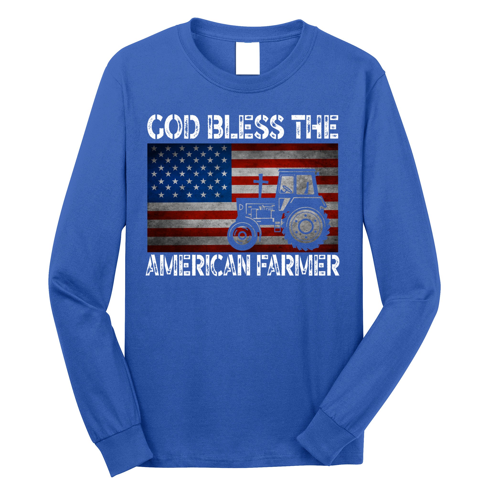 God Bless The American Farmer Usa Flag Tractor Patriotic Gift Long Sleeve Shirt