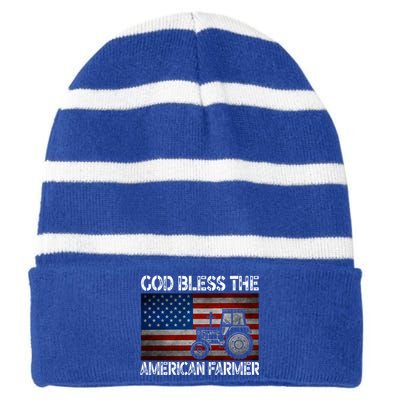 God Bless The American Farmer Usa Flag Tractor Patriotic Gift Striped Beanie with Solid Band