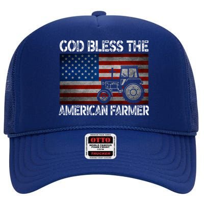 God Bless The American Farmer Usa Flag Tractor Patriotic Gift High Crown Mesh Back Trucker Hat