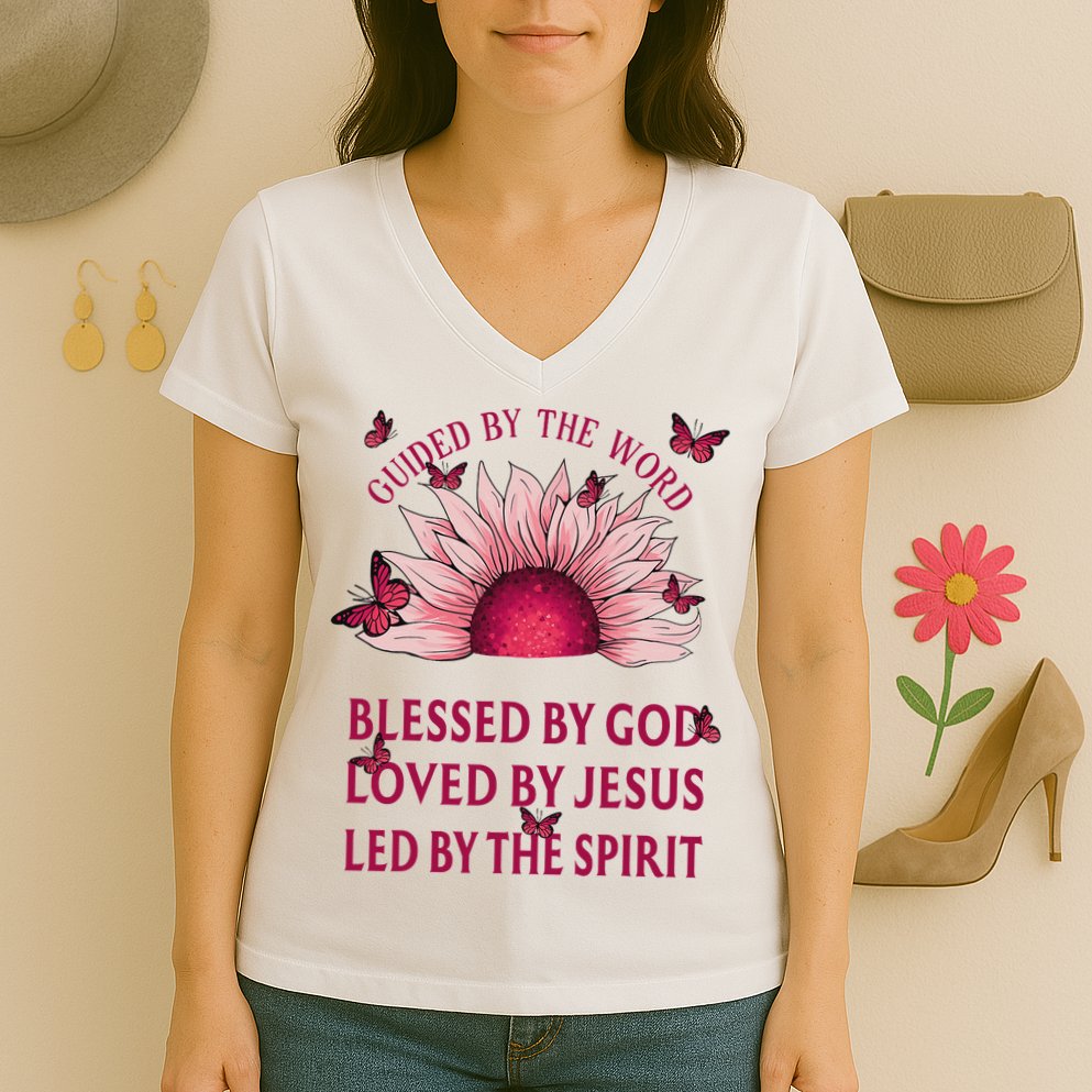 Guided By The Bible Blessed By God Sunflower Women's V-Neck T-Shirt