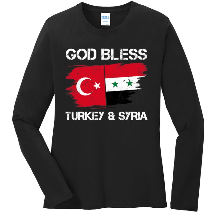 God Bless Turkey & Syria Flag Pray For Turkey Earthquake Ladies Long Sleeve Shirt