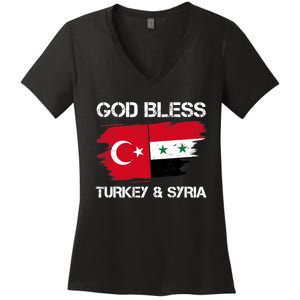 God Bless Turkey & Syria Flag Pray For Turkey Earthquake Women's V-Neck T-Shirt