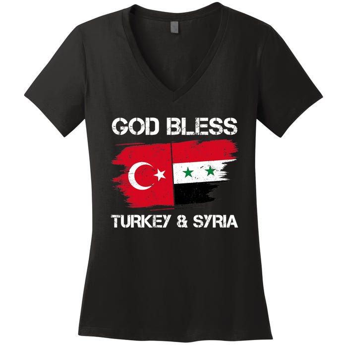 God Bless Turkey & Syria Flag Pray For Turkey Earthquake Women's V-Neck T-Shirt