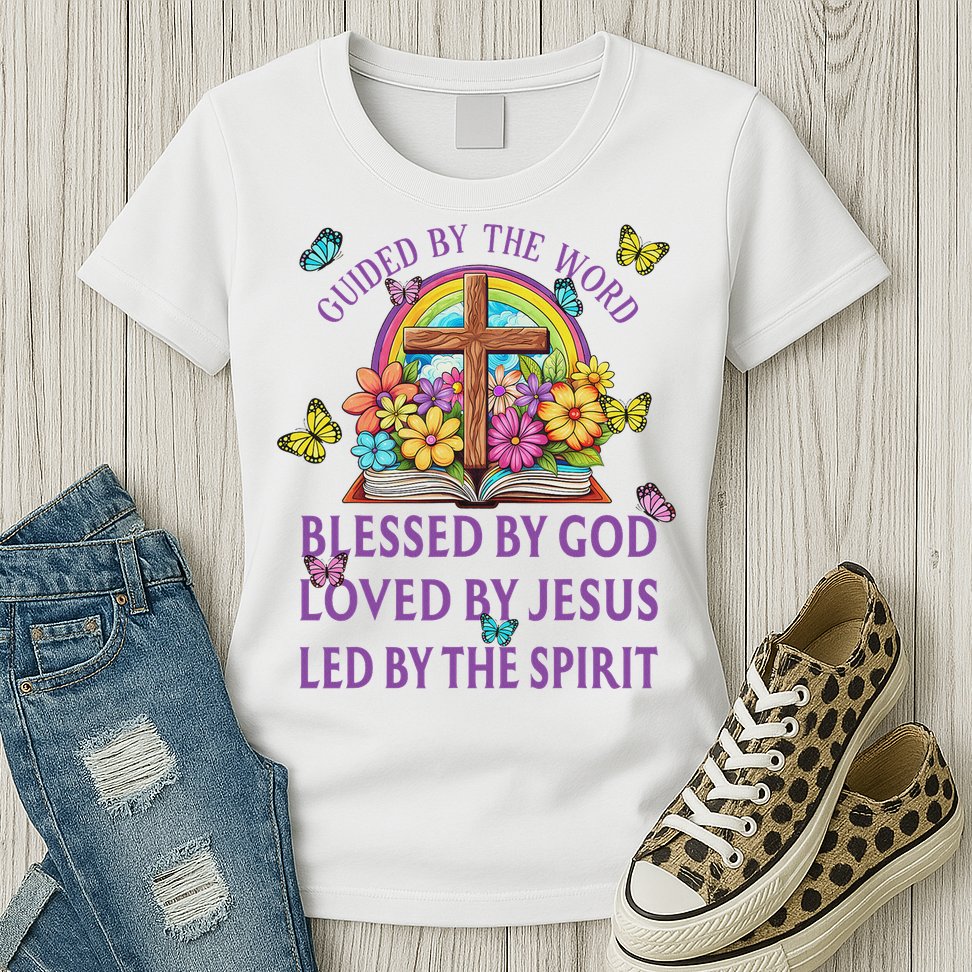 Guided By The Bible Blessed By God Loved By Jesus Christian Womens T-Shirt
