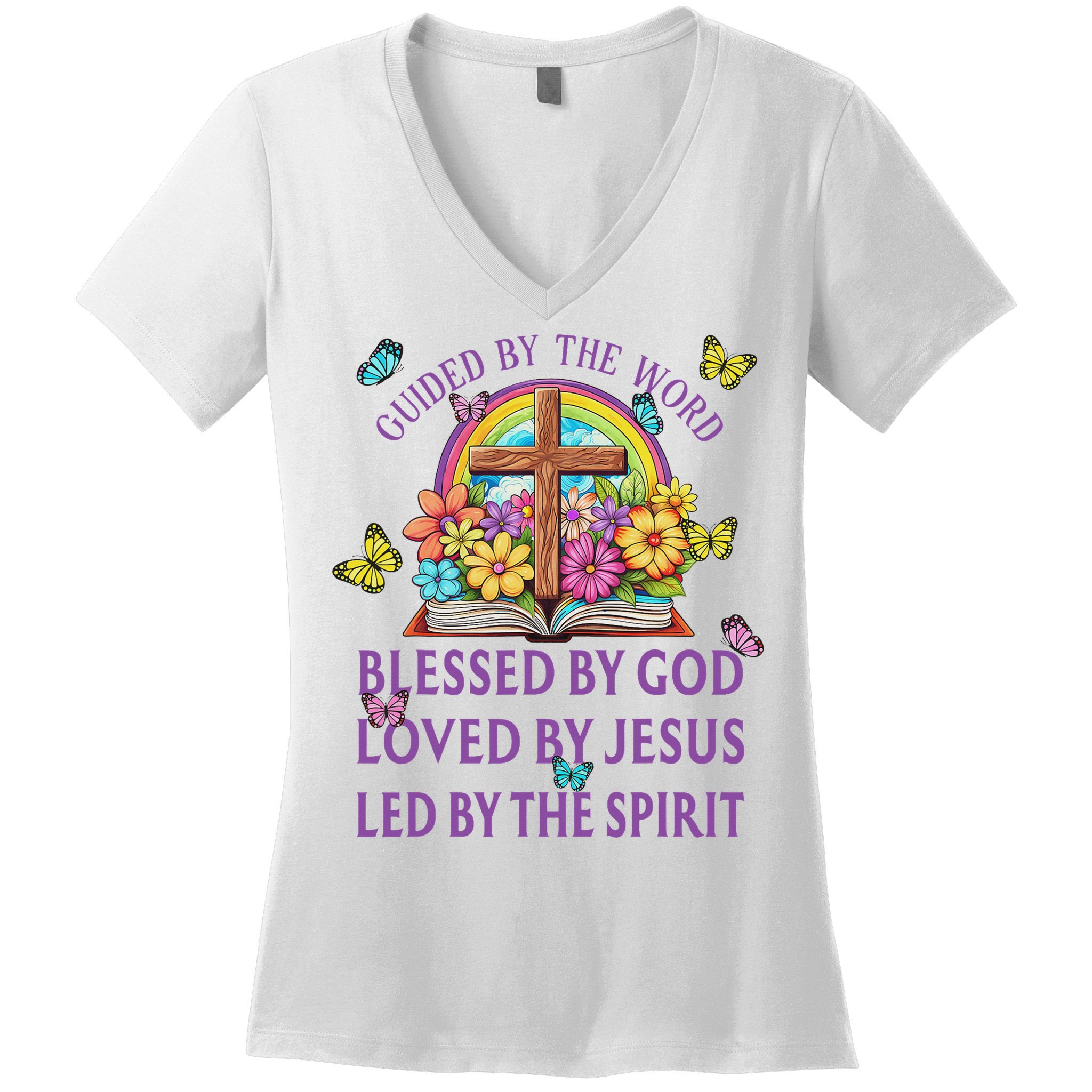 Guided By The Bible Blessed By God Loved By Jesus Christian Women's V-Neck T-Shirt