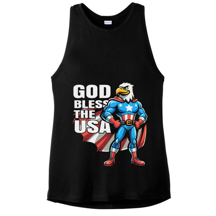 God Bless The Usa American Patriotic Eagle Superhero Design Ladies PosiCharge Tri-Blend Wicking Tank