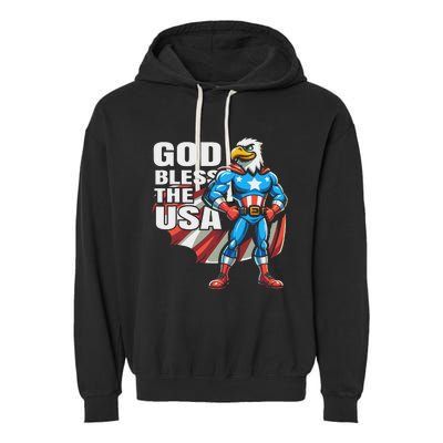 God Bless The Usa American Patriotic Eagle Superhero Design Garment-Dyed Fleece Hoodie