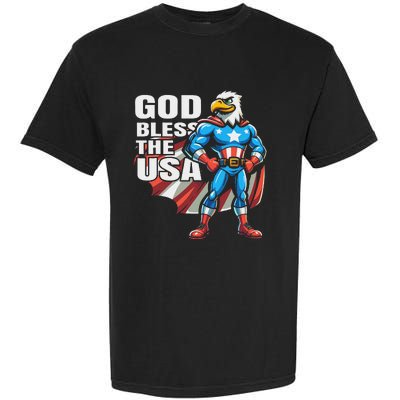 God Bless The Usa American Patriotic Eagle Superhero Design Garment-Dyed Heavyweight T-Shirt