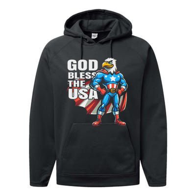 God Bless The Usa American Patriotic Eagle Superhero Design Performance Fleece Hoodie