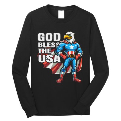 God Bless The Usa American Patriotic Eagle Superhero Design Long Sleeve Shirt