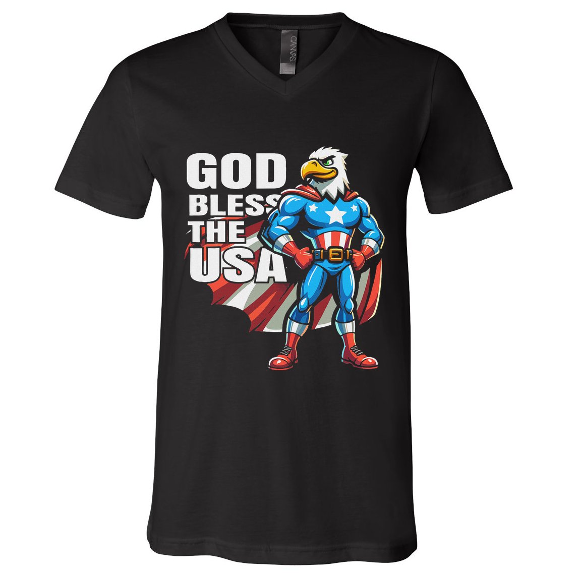 God Bless The Usa American Patriotic Eagle Superhero Design V-Neck T-Shirt