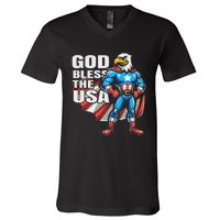 God Bless The Usa American Patriotic Eagle Superhero Design V-Neck T-Shirt