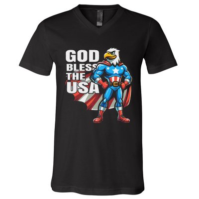 God Bless The Usa American Patriotic Eagle Superhero Design V-Neck T-Shirt