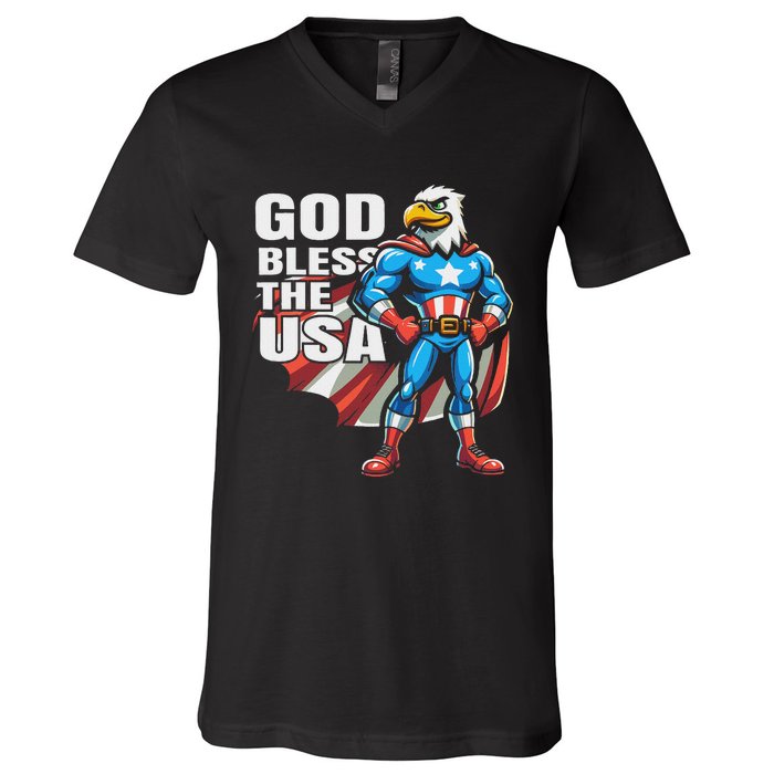 God Bless The Usa American Patriotic Eagle Superhero Design V-Neck T-Shirt