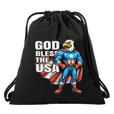 God Bless The Usa American Patriotic Eagle Superhero Design Drawstring Bag