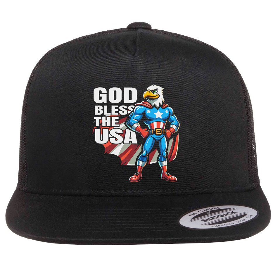 God Bless The Usa American Patriotic Eagle Superhero Design Flat Bill Trucker Hat