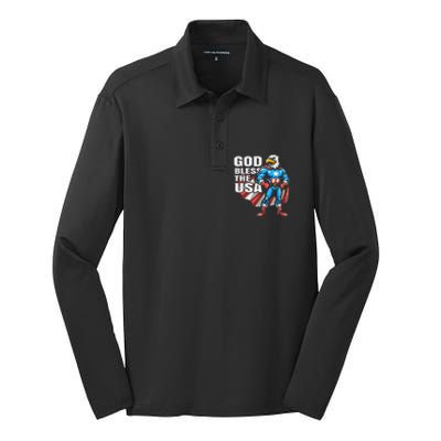 God Bless The Usa American Patriotic Eagle Superhero Design Silk Touch Performance Long Sleeve Polo