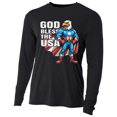 God Bless The Usa American Patriotic Eagle Superhero Design Cooling Performance Long Sleeve Crew