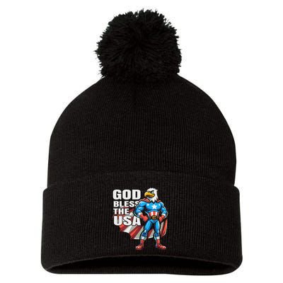 God Bless The Usa American Patriotic Eagle Superhero Design Pom Pom 12in Knit Beanie