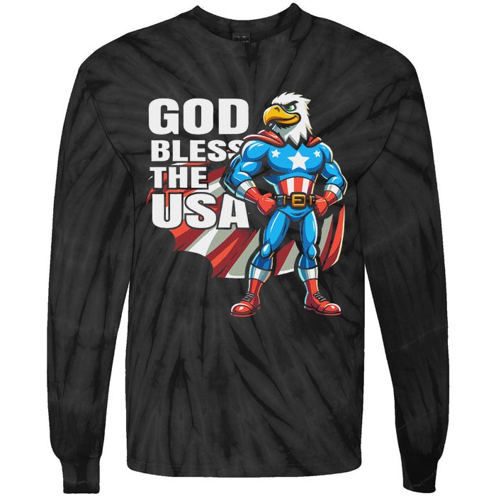 God Bless The Usa American Patriotic Eagle Superhero Design Tie-Dye Long Sleeve Shirt